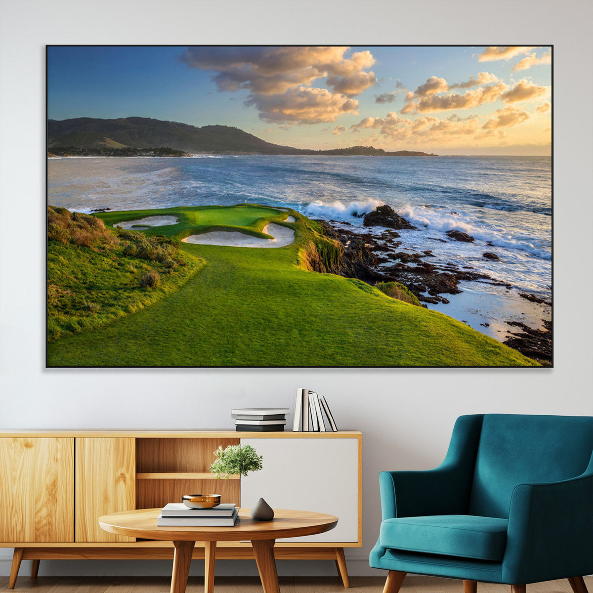 Coastal Golf Course Wall Art Canvas Print, Sunset with Rolling Green Fairways and Ocean Waves