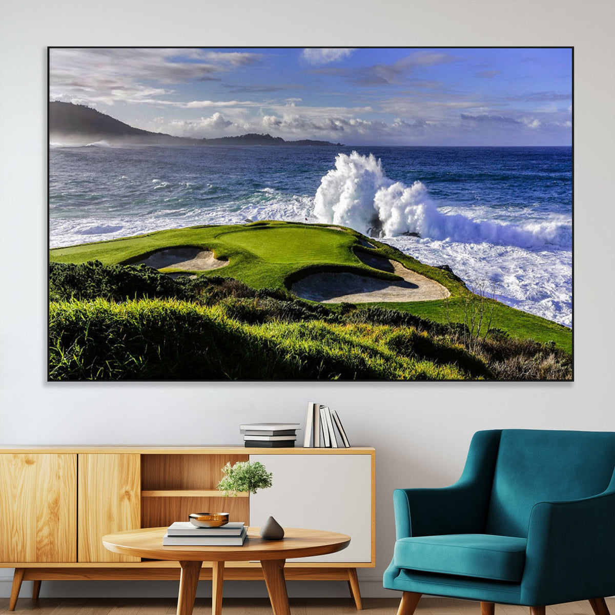 Ocean Waves Crashing Wall Art Canvas Print, Dramatic Rocky Coastline Near a Golf Course