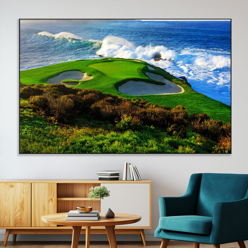 Coastal Golf Course Wall Art Canvas Print, Vibrant Green with Sand Bunkers and Ocean Waves