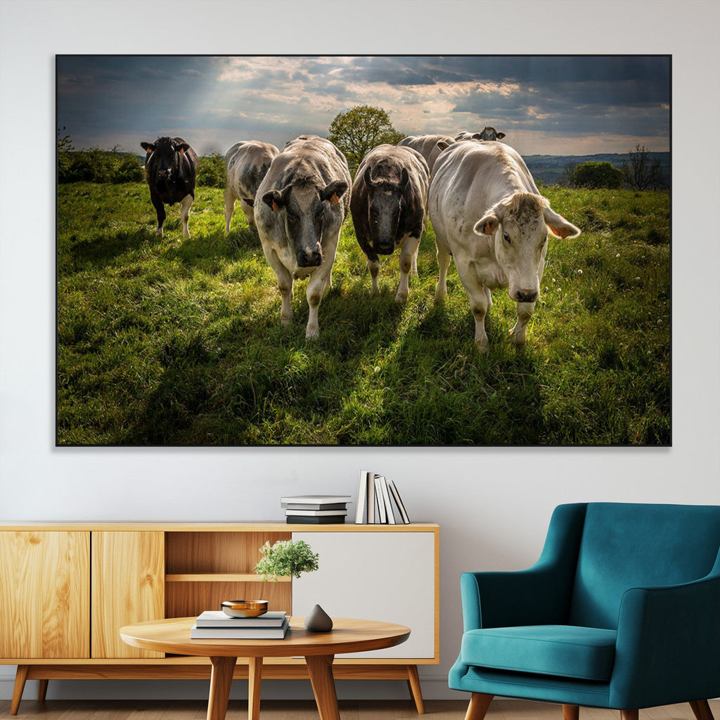 Grazing Cattle Herd Wall Art Canvas Print, Framed Green Pasture Farm Scene