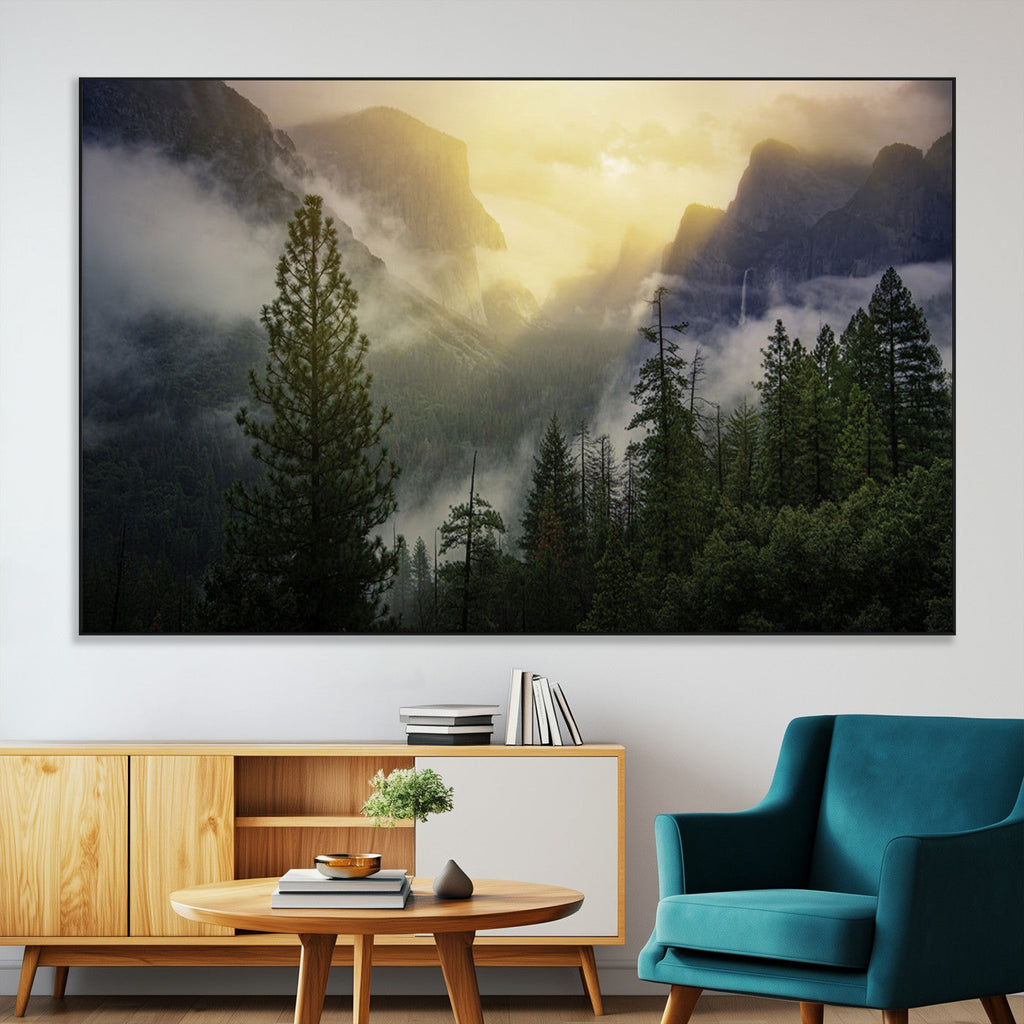 Misty Forest Sunrise Wall Art Canvas Print, Framed Mountain Valley Pine Trees