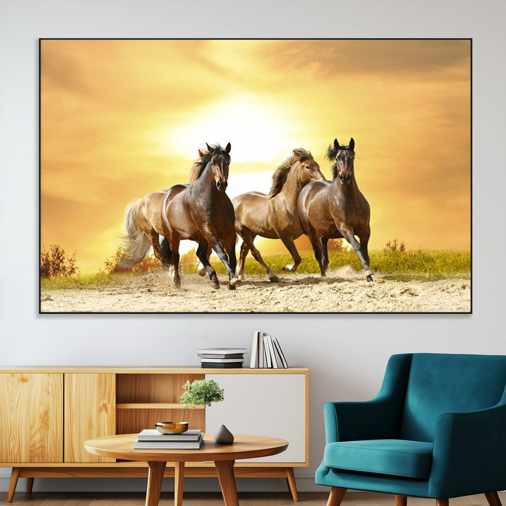 Wild Horses Wall Art Canvas Print, Framed Galloping Herd