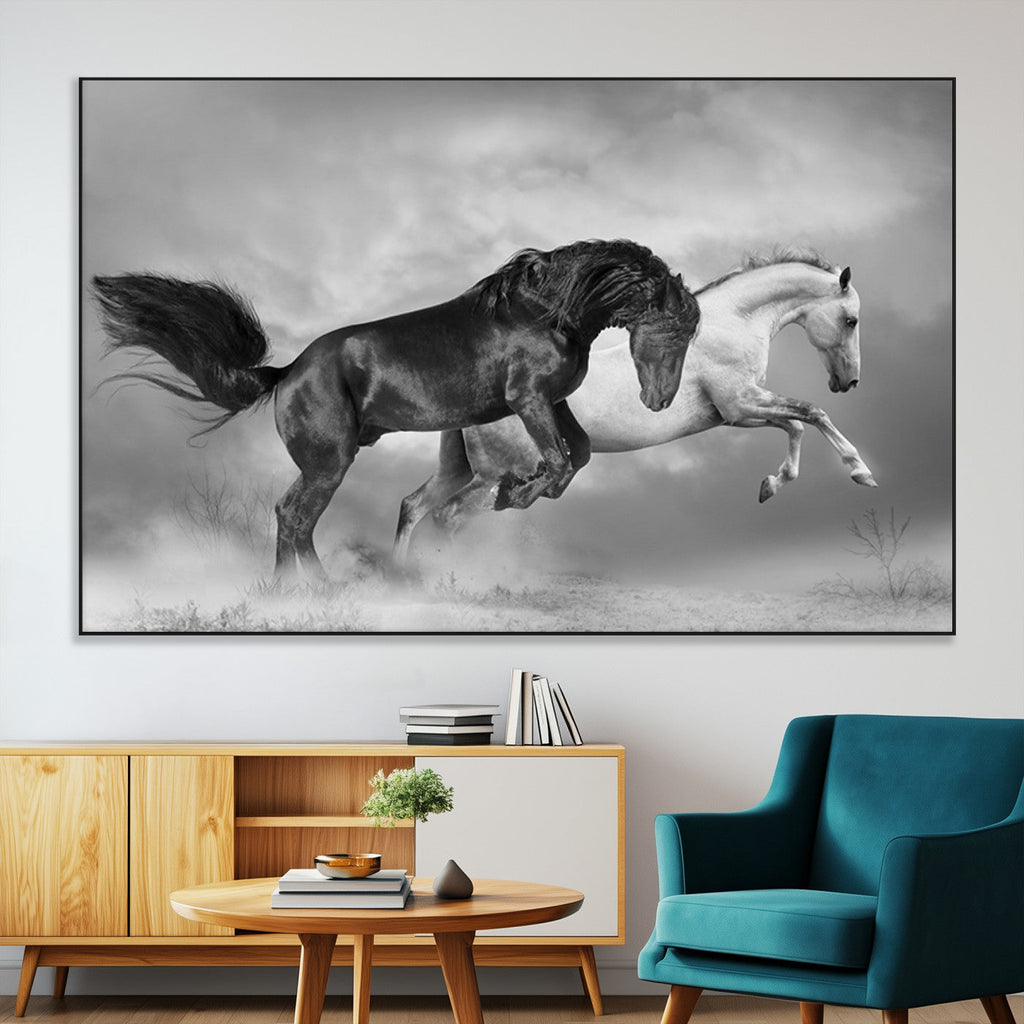 Wild Horses Wall Art Canvas Print, Framed Black and White Galloping Horses