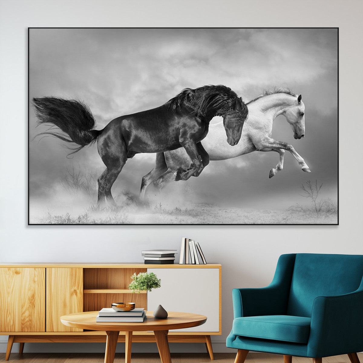 Wild Horses Wall Art Canvas Print, Framed Black and White Galloping Horses