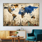 World Map Canvas Print | Vintage Blue and Gold World Map Wall Art