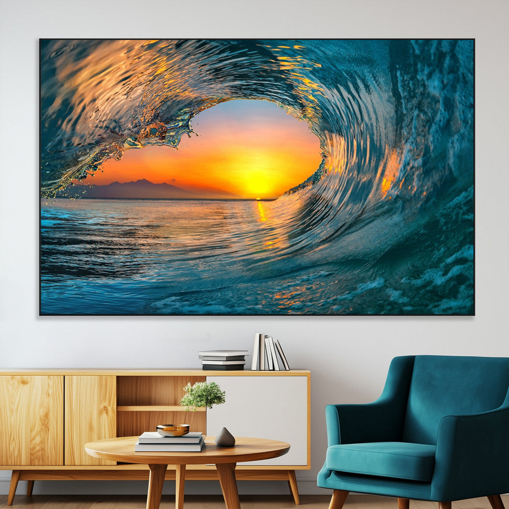 Ocean Wave Sunset Wall Art | Large Coastal Wave Canvas Print