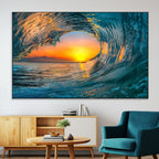 Ocean Wave Sunset Wall Art | Large Coastal Wave Canvas Print
