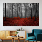 Red Forest Floor Canvas Wall Art | Mystical Foggy Woodland Triptych