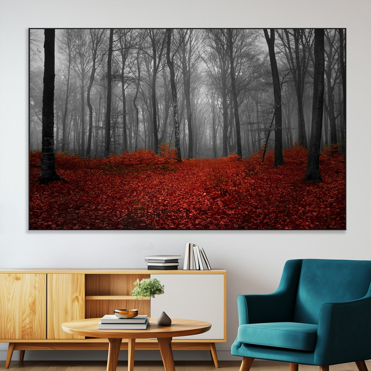 Red Forest Floor Canvas Wall Art | Mystical Foggy Woodland Triptych