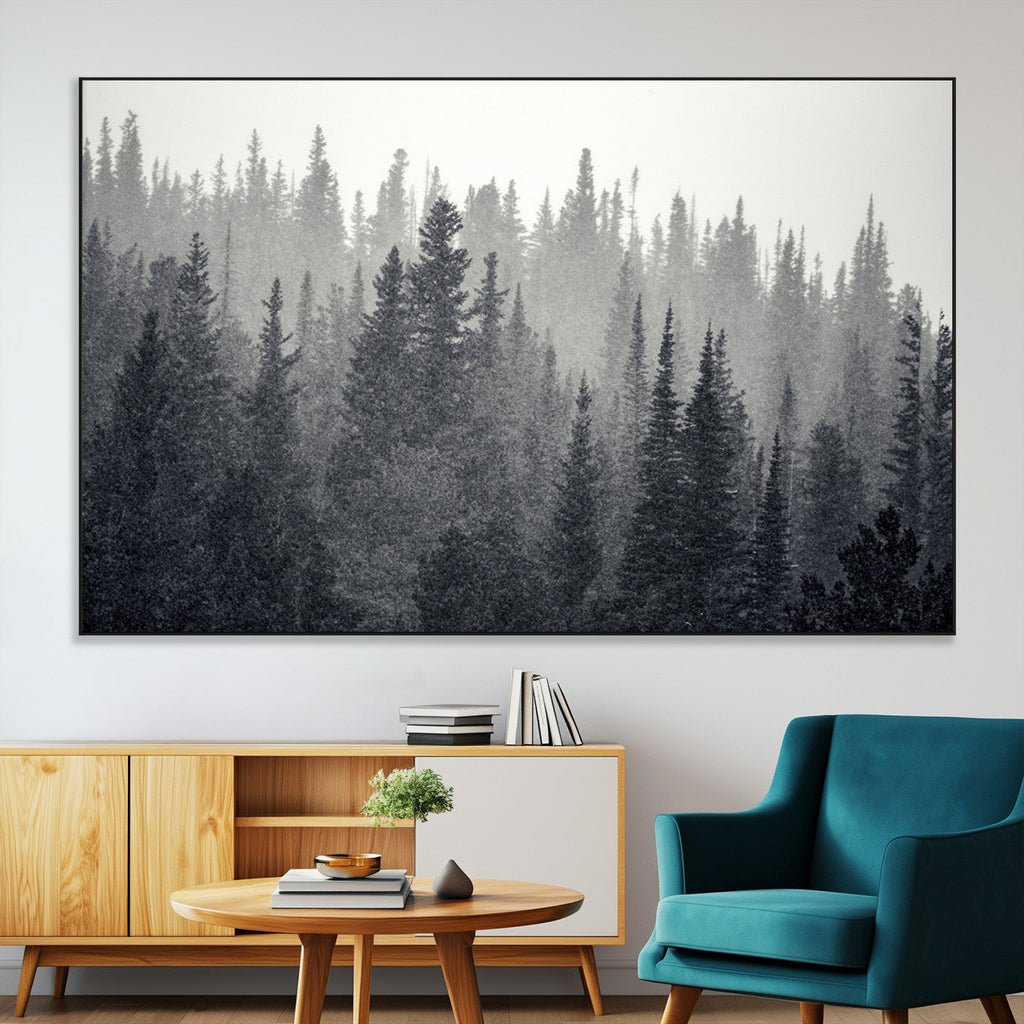 Misty Forest Canvas Wall Art | Monochrome Triptych Pine Tree Print