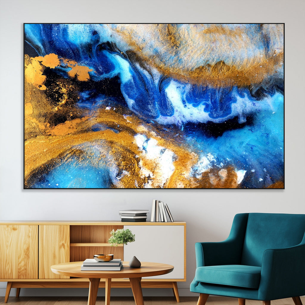 Blue Orange Marble Fluid Effect Canvas Wall Art Print