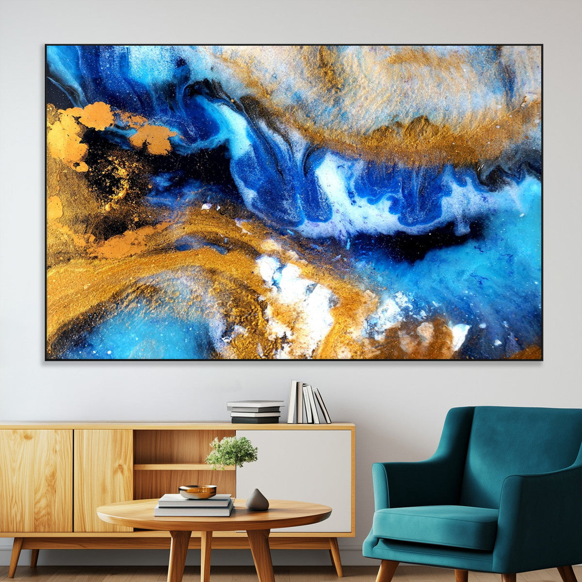 Blue Orange Marble Fluid Effect Canvas Wall Art Print