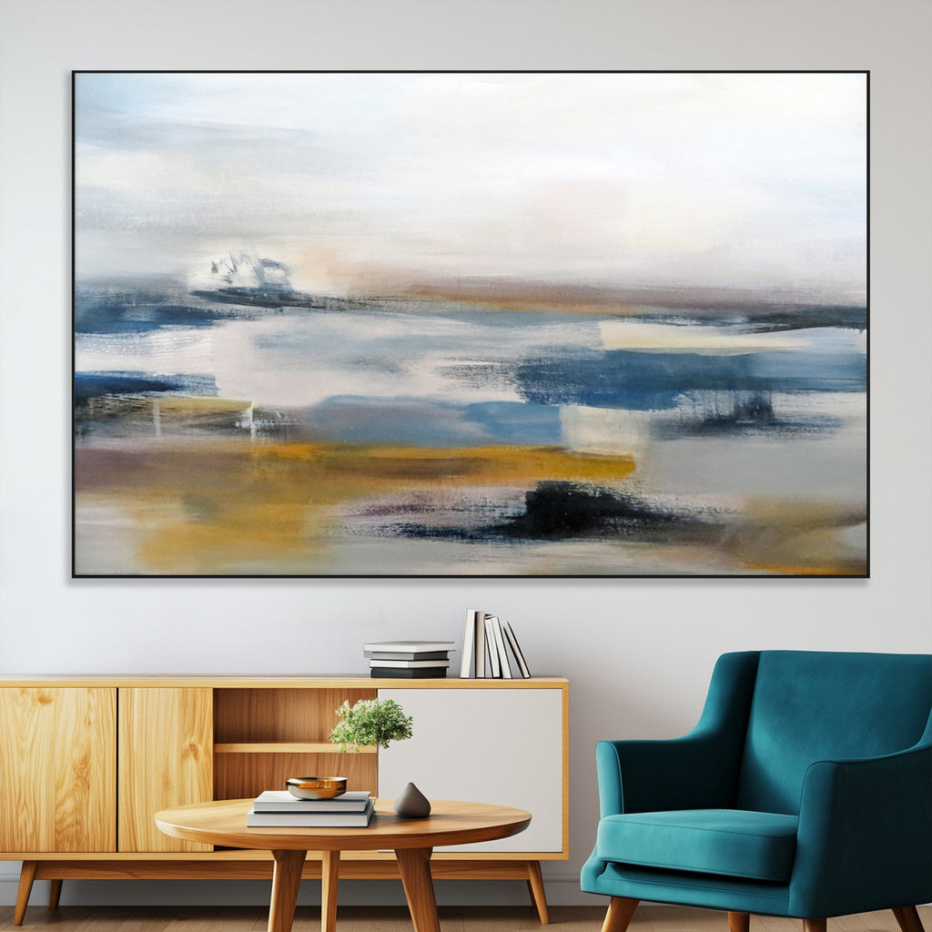Abstract Landscape Wall Art Canvas | 3 Panel Modern Blue, Gold and White Canvas Art