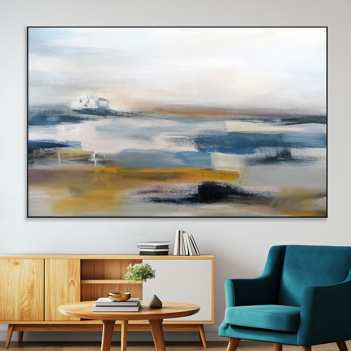 Abstract Landscape Wall Art Canvas | 3 Panel Modern Blue, Gold and White Canvas Art