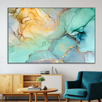 Abstract Aqua and Gold Fluid Wall Art Canvas | 3 Panel Large Canvas Print