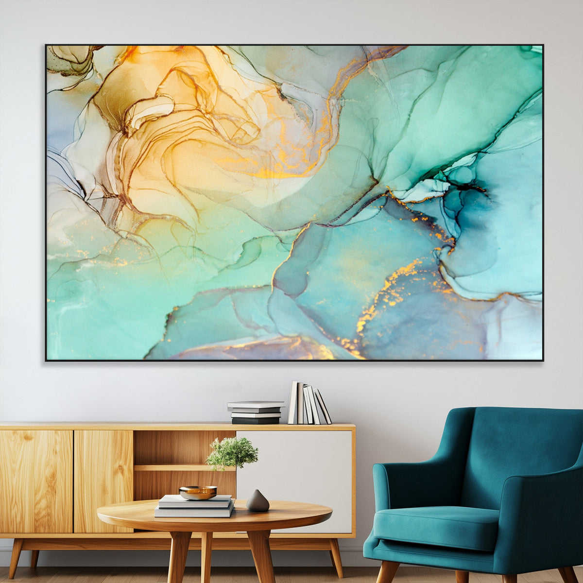 Abstract Aqua and Gold Fluid Wall Art Canvas | 3 Panel Large Canvas Print