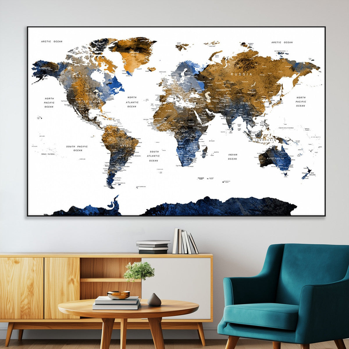 Modern Abstract World Map Canvas Wall Art | Framed Blue and Gold Map Print