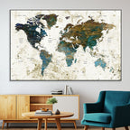 Vintage World Map Wall Art Canvas Print, Framed Rustic Earth Tone Map