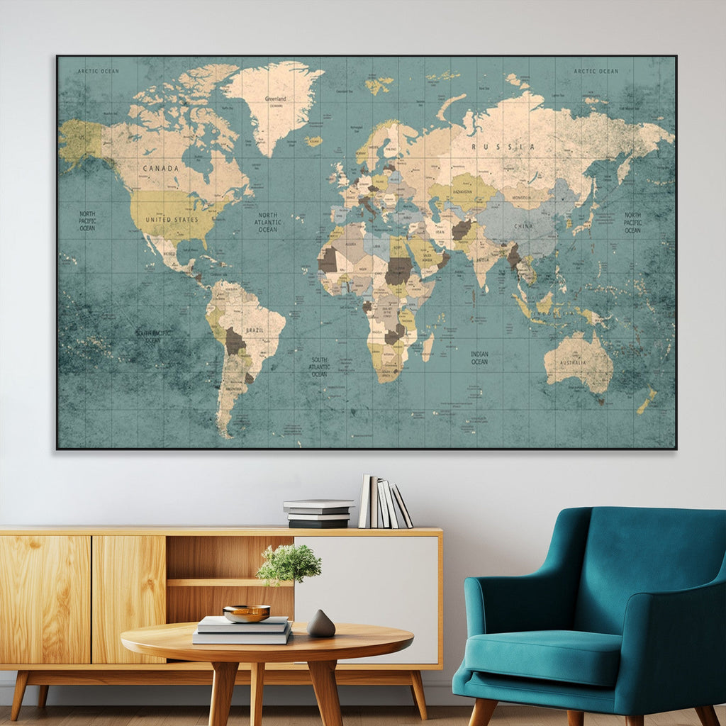 Classic World Map Canvas Print | Framed Vintage Map Wall Art