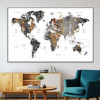Modern Metallic World Map Canvas Wall Art | Framed Contemporary World Map Print