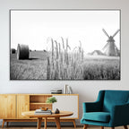 Vintage Farmhouse Black and White Triptych Wall Art, Giclee Canvas with Wheat Fields, Hay Bales and Windmill