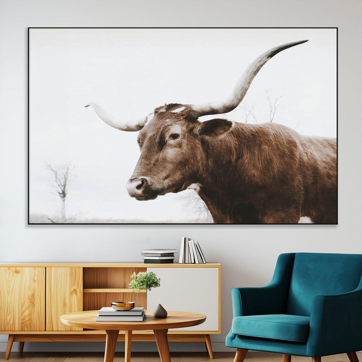 Rustic Bull Wall Art Canvas Print, Modern Longhorn Farmhouse Animal Decor