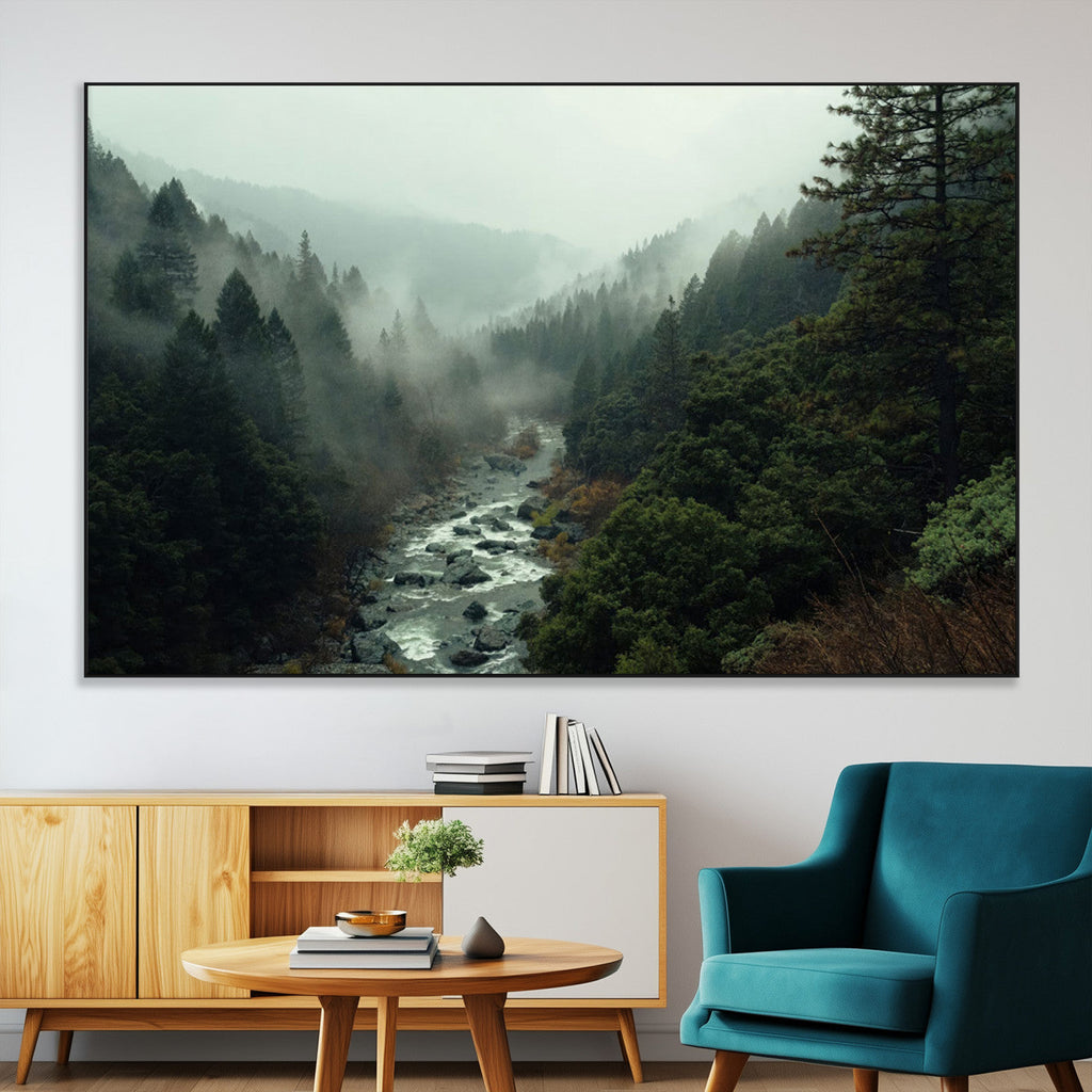 Misty Forest Wall Art, Tranquil Nature Landscape, Ready to Hang | Extra Large 3 Piece Canvas Wall Art