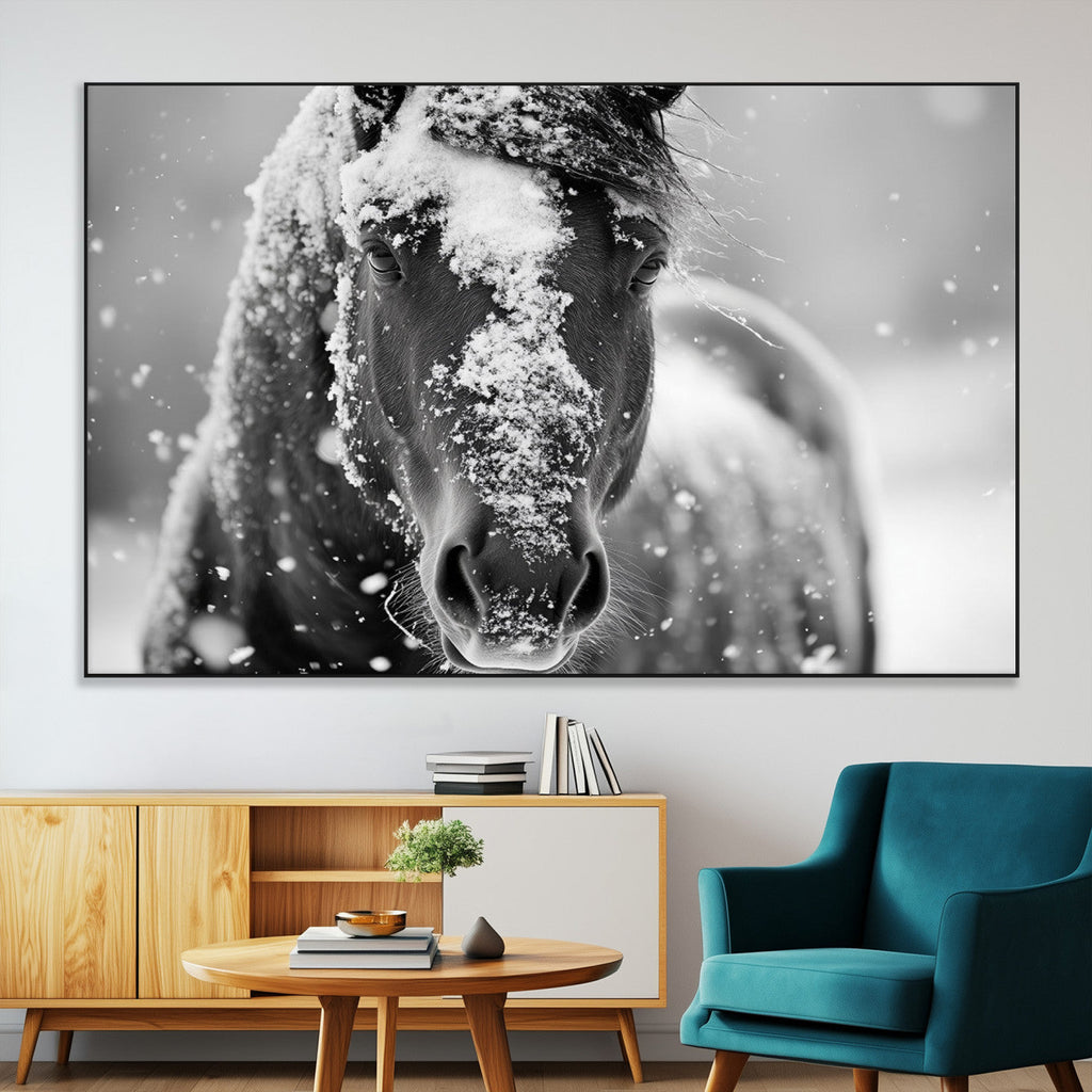 Black and White Horse Winter Wall Art, Ready to Hang