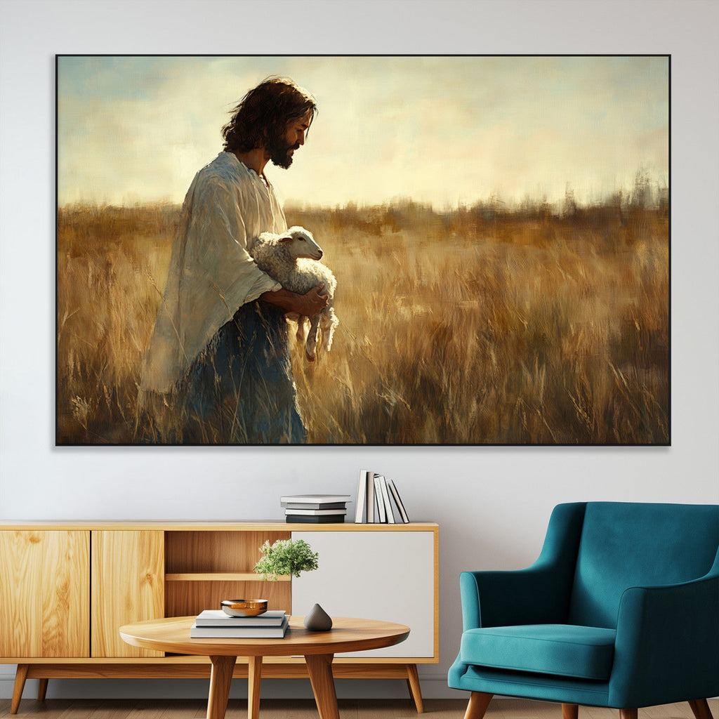Jesus the Good Shepherd Wall Art Canvas Print, Inspirational Christian Religious Print for Prayer Room