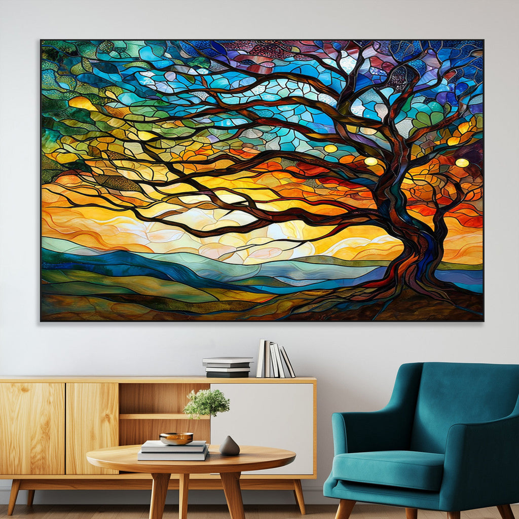 Vibrant Mosaic Tree of Life Wall Art, Stained Glass Style Canvas Print