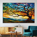 Vibrant Mosaic Tree of Life Wall Art, Stained Glass Style Canvas Print