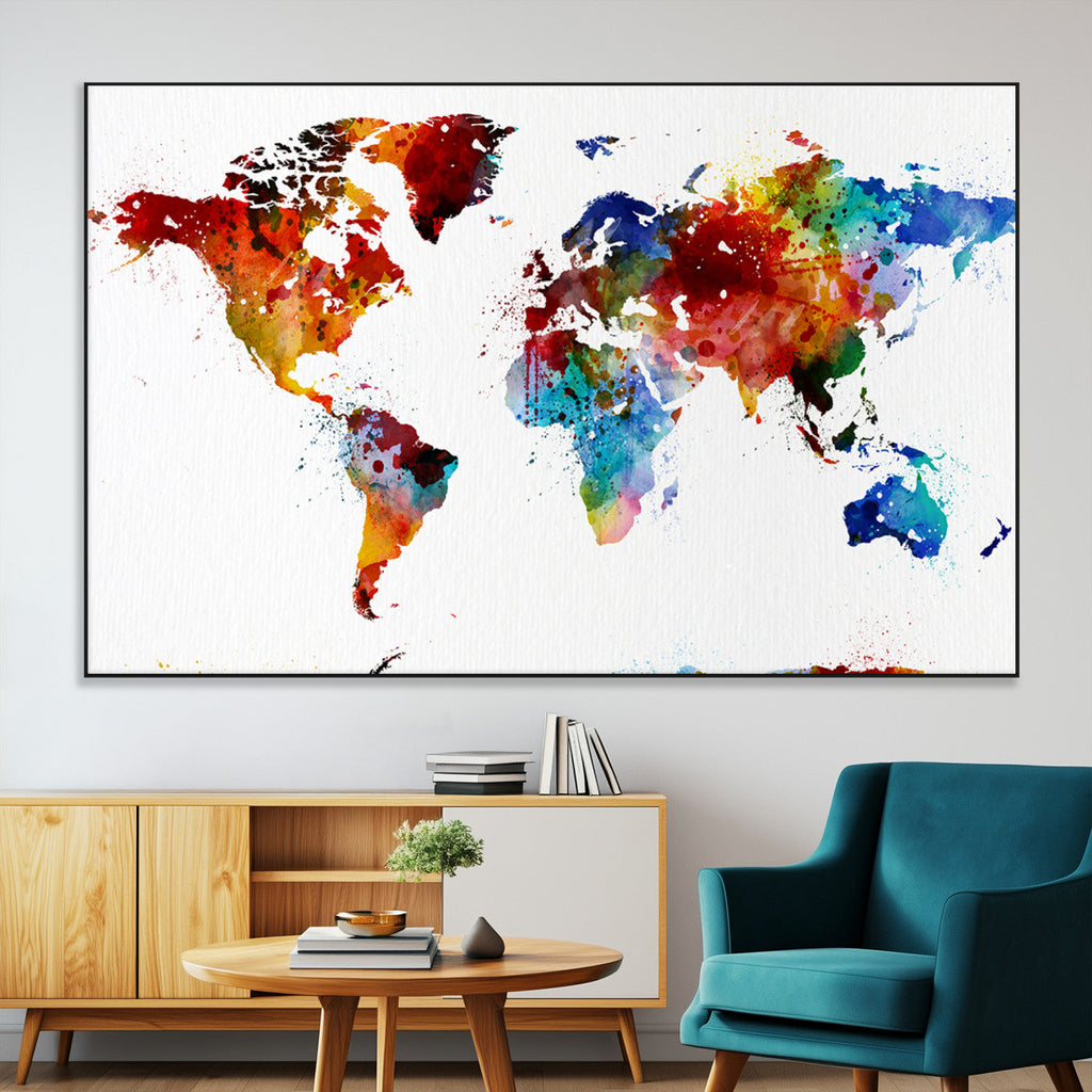 Colorful World Map Canvas Wall Art Print, Contemporary Global Map Artwork