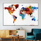 Colorful World Map Canvas Wall Art Print, Contemporary Global Map Artwork