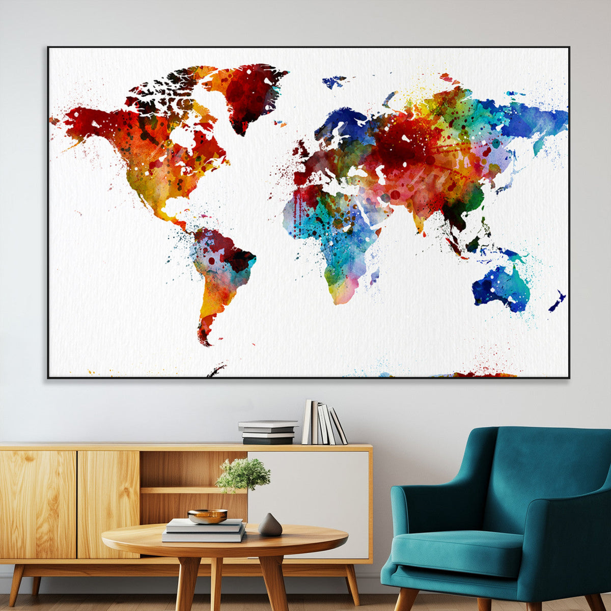 Colorful World Map Canvas Wall Art Print, Contemporary Global Map Artwork