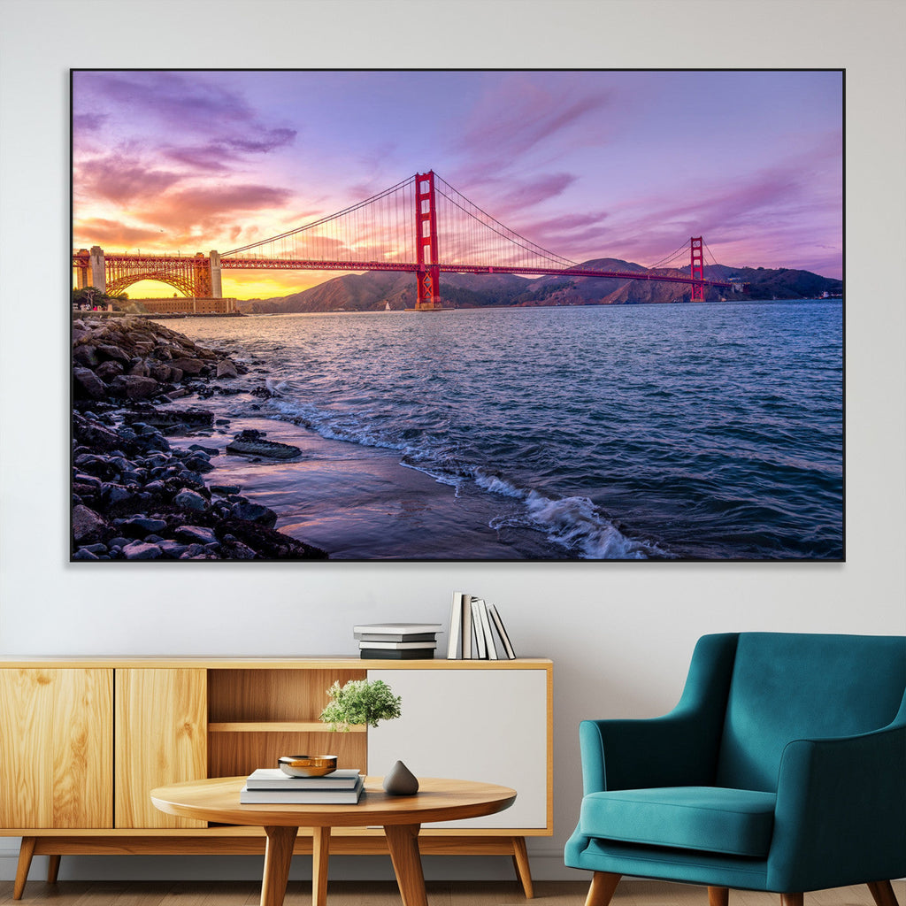 Golden Gate Bridge Wall Art Canvas Print, Framed San Francisco Sunset Landmark