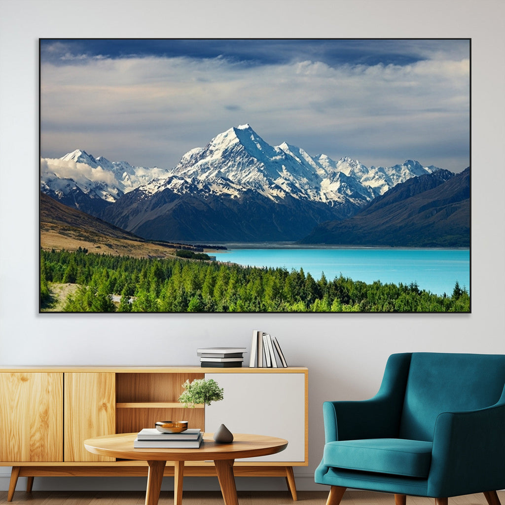 Mount Cook and Lake Pukaki Canvas Wall Art Print | Majestic Snow Capped Peaks