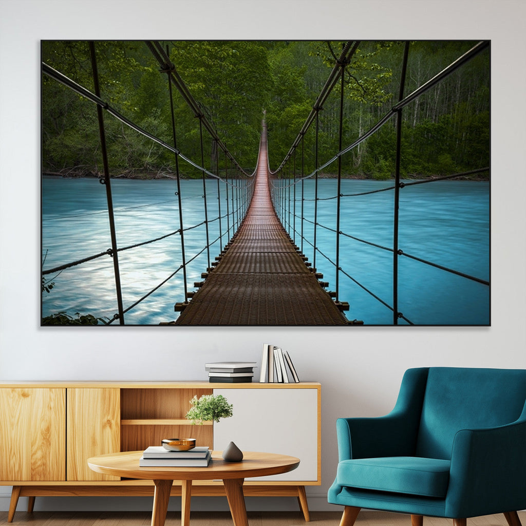 Suspension Bridge Over River Canvas Art | 3-Panel Nature Wall Art