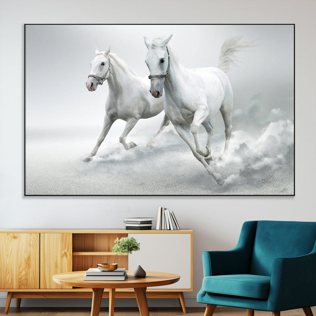 Large Wall Art Canvas Print, Beautiful Running White Horses