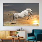 Large Wall Art Canvas Print, White Jumping Horse at Sunset