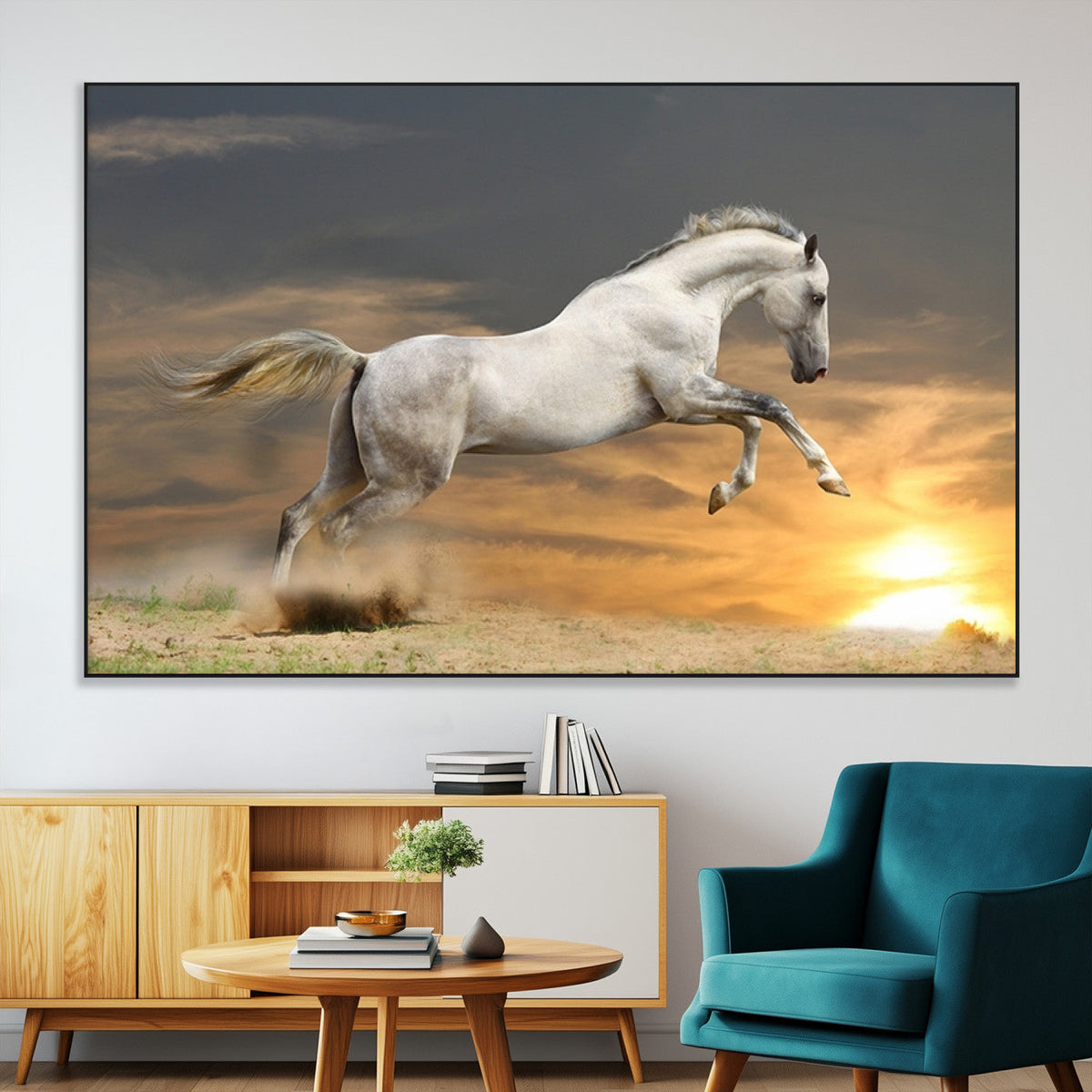 Large Wall Art Canvas Print, White Jumping Horse at Sunset