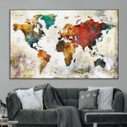 Watercolor World Map Canvas Print | Framed Travel Map Wall Art for Couples