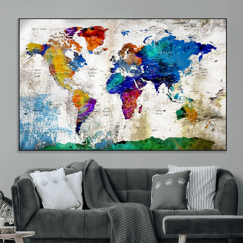 Navy Blue and Orange Watercolor World Map Canvas Print | Framed Travel Map