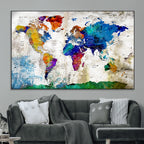 Navy Blue and Orange Watercolor World Map Canvas Print | Framed Travel Map