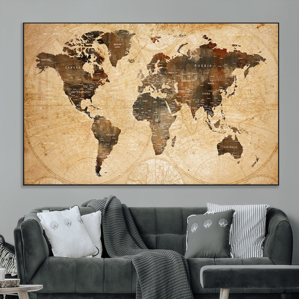 Push Pin World Map Canvas Print | Framed Travel Tracker Wall Art