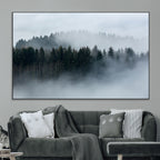 Autumn and Misty Trees in the Forest Wall Art Canvas Print, Foggy Forest Mountain Wall Art