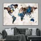 Abstract Earth Tone Blue World Map Canvas Print | Framed Travel Map Wall Art