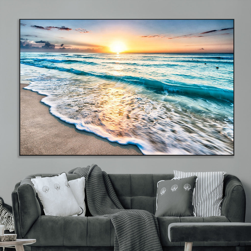 Sunset Beach Waves Canvas Wall Art | Ocean Sunset Coastal Print