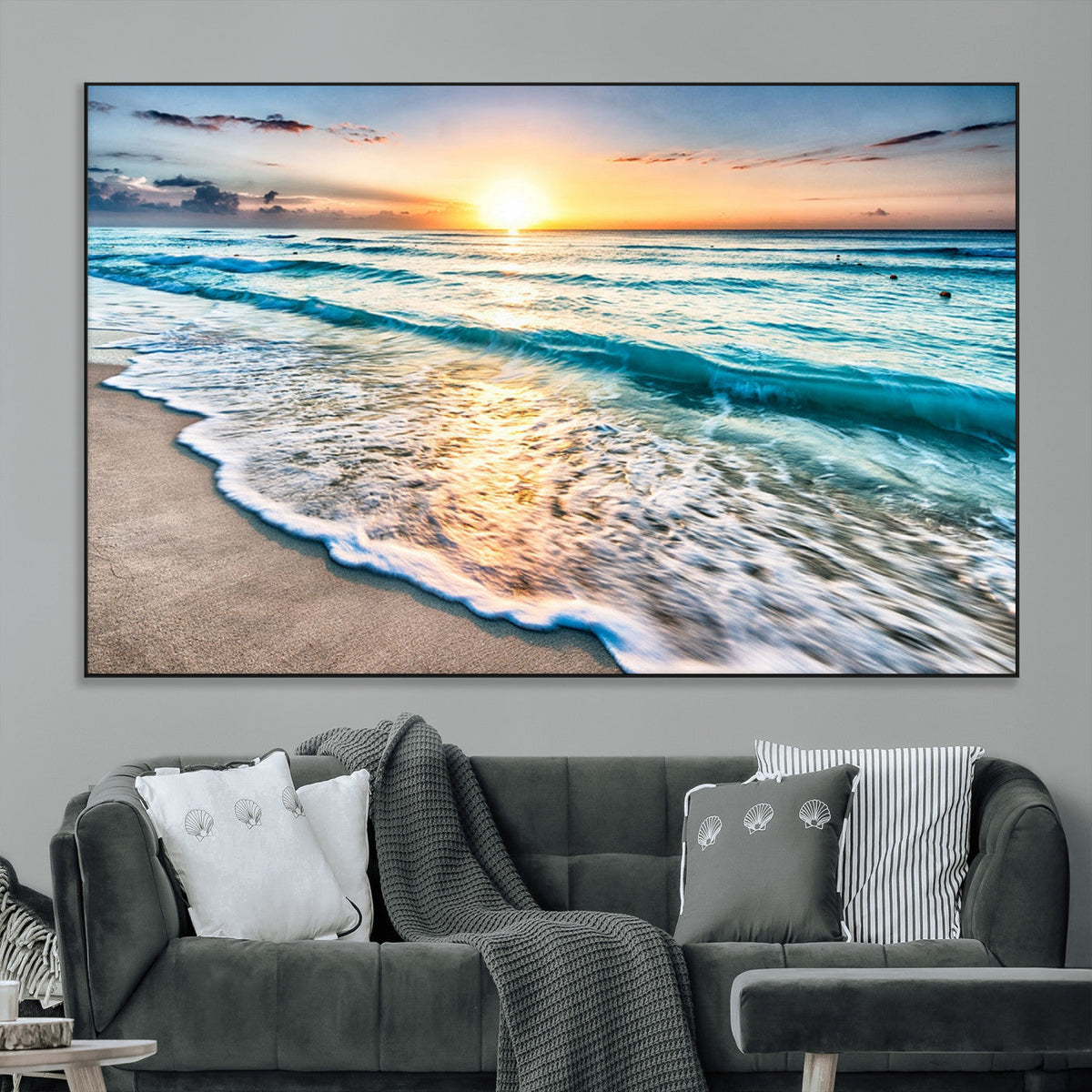 Sunset Beach Waves Canvas Wall Art | Ocean Sunset Coastal Print