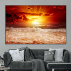 Red Sunset Ocean Beach Canvas Wall Art, Coastal Sunset Print