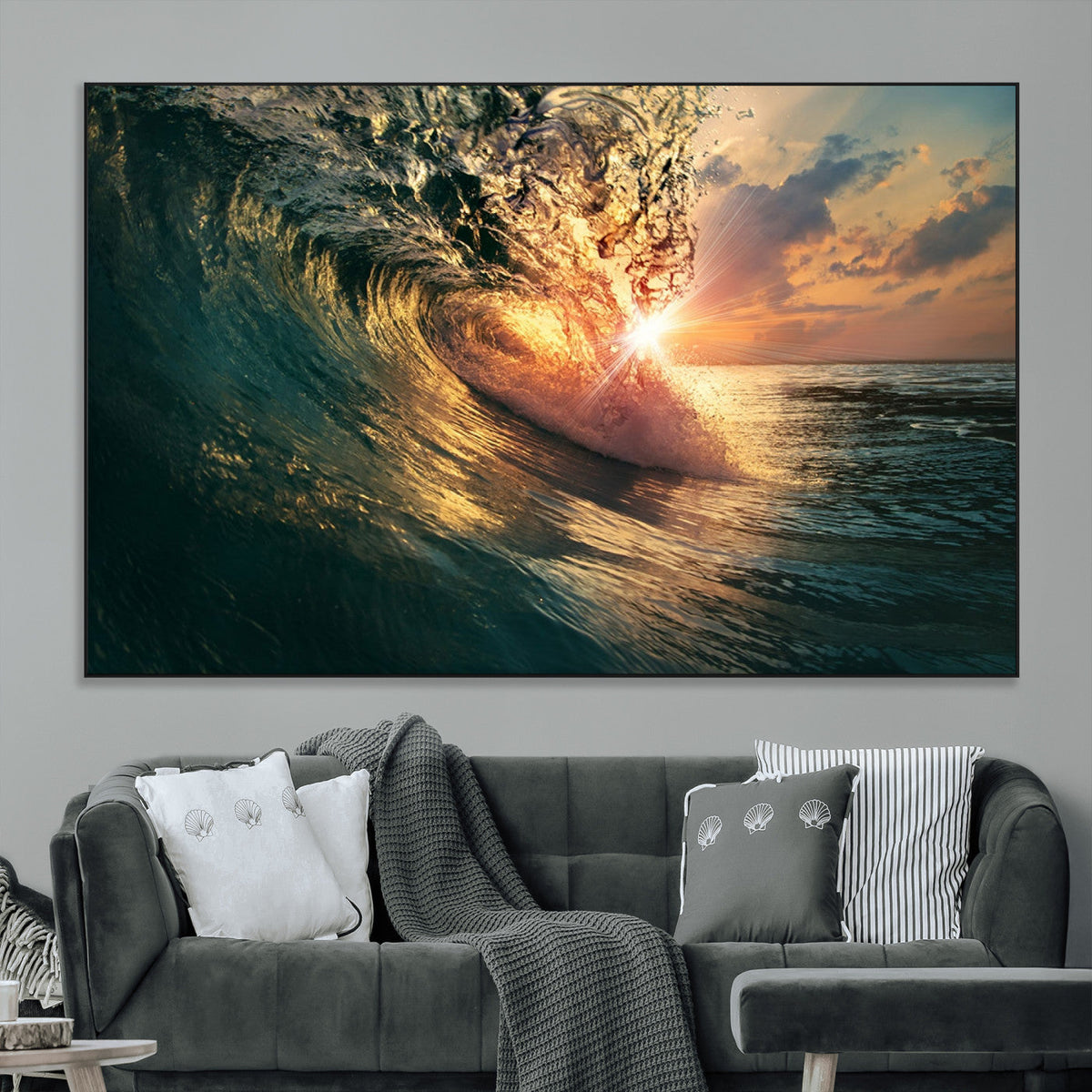Ocean Wave Sunset Canvas Wall Art | Triptych Seascape Print
